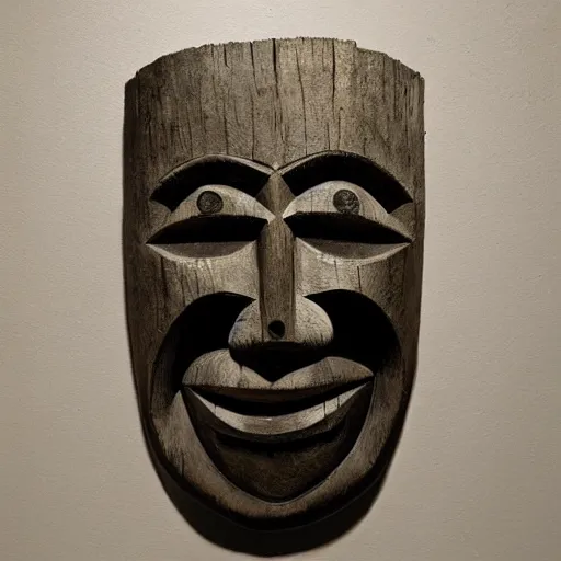 Image similar to tiki mask, carved wood, photo, surrealistic, creepy, dark, epic, cinematic, style of atget, detailed