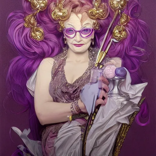 Image similar to amazing lifelike award winning pencil illustration of dame Edna everage purple hair trending on art station artgerm Greg rutkowski alphonse mucha cinematic