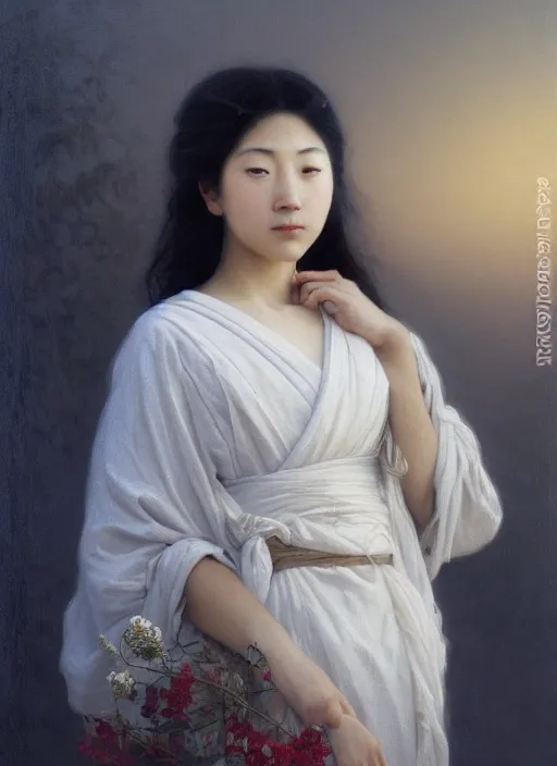 Image similar to oil painting close up portrait of a contemplative young japanese - nigerian woman with long dark flowing hair in a dress made of white roses!! at sunset, hazy, digital art, chiaroscuro, artstation, cinematic, golden hour, digital art painting by greg rutkowski, william - adolphe bouguereau, hazy atmosphere, cinematic lighting