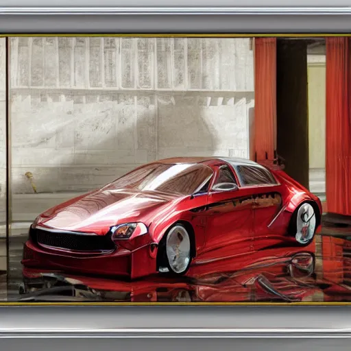 Image similar to sci-fi sport car f1 hatchback transport design organic smooth elastic forms 20% of canvas on the front; background wall structure on the coronation of napoleon painting 20% of canvas; by Jacques-Louis David, pinterest keyshot product render, cloudy plastic ceramic material shiny gloss water reflections, ultra high detail ultra realism, 4k