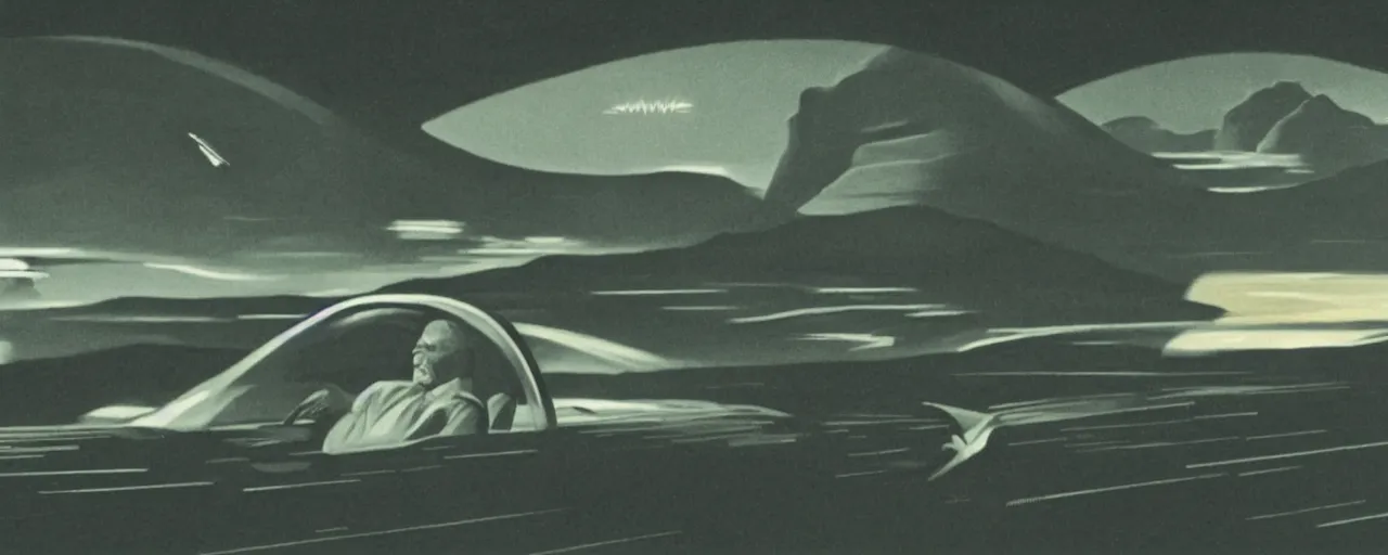 Image similar to a man driving a car in the dark, a screenshot by Chesley Bonestell, featured on cg society, les automatistes, reimagined by industrial light and magic, cinematic lighting, movie still