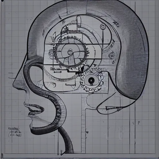 Image similar to schematic view of a steampunk human head, technical drawing, blueprint