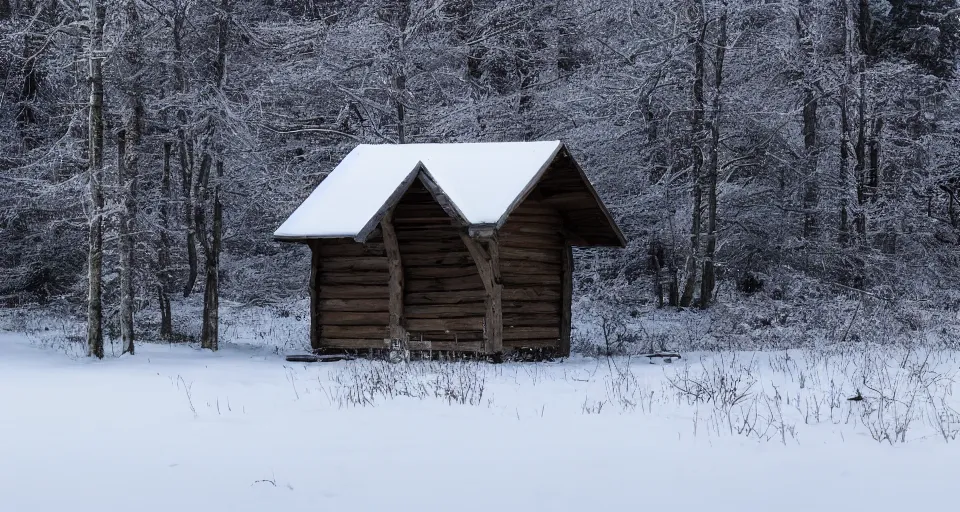 Image similar to a wooden hut at a clearing in the woods, snowy, light inside the hut, realistic, epic composition, 4 k