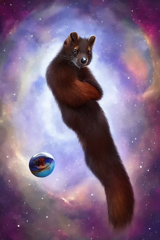 Image similar to giant pine marten in space holding a planet, digital art, trending on artstation