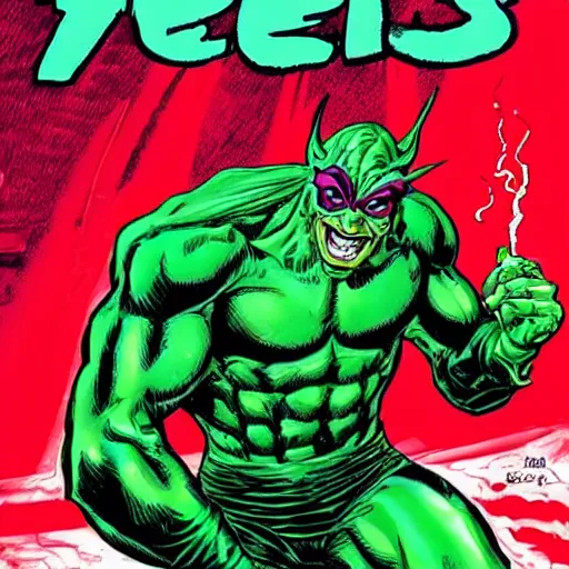 Prompt: Ted Cruz as the Green Goblin in 1990s comic cover illustration, bust