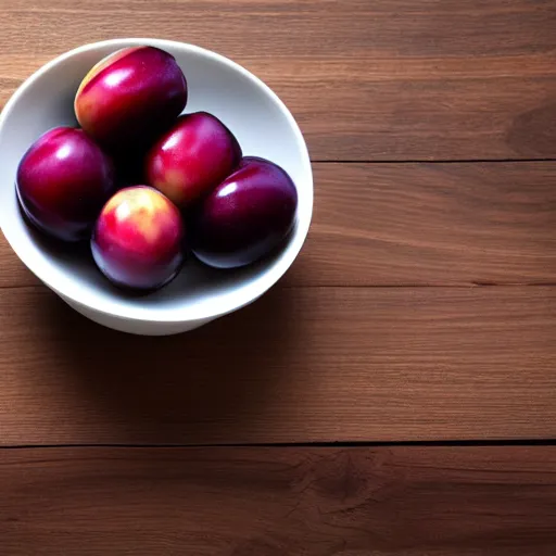 Image similar to a thick porcelain bowl filled with a few moist freshly picked plums on a wooden table. volumetric lighting. 4 k. small scale. realistic.