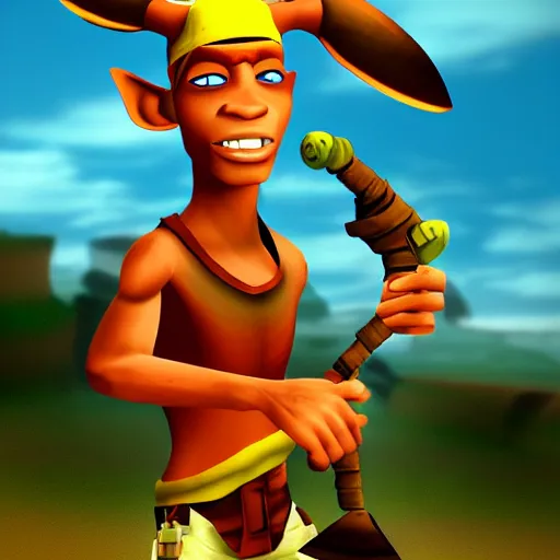 Image similar to carl johnson as a jak and daxter character, jak and daxter screenshot, digital art, ps 2