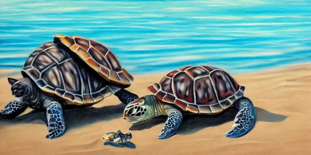 Image similar to painting of a cat on the beach playing with a turtle in the ocean