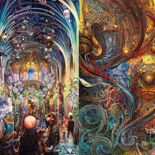 Prompt: art city sacred intricate details by android jones, james christensen, thomas kinkade, andreas franke