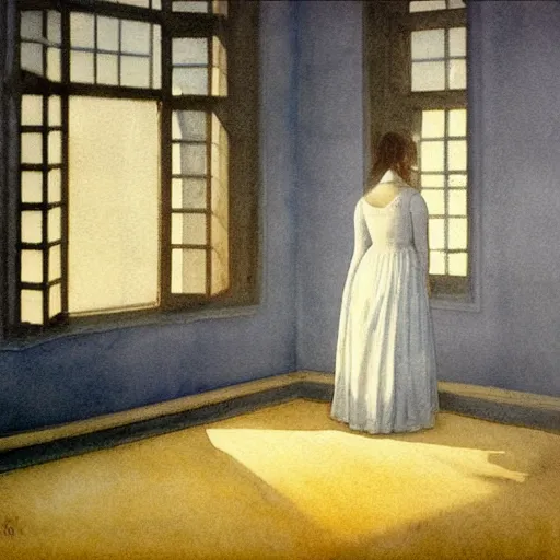 Prompt: close up of a girl in a blue and gold haunted liminal abandoned room, watercolor by hammershøi, art noveau, highly detailed, lights by edward hopper, liminal, eerie, bright pastel colors