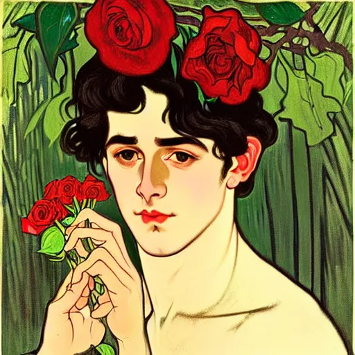 Prompt: painting of young handsome beautiful dark medium wavy hair man in his 2 0 s named shadow taehyung wearing a red rose hair crown at the cucumber and banana soup party in the forest, elegant, clear, painting, stylized, delicate, soft facial features, delicate facial features, soft art, art by alphonse mucha, vincent van gogh, egon schiele