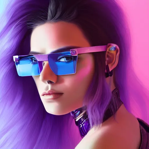 Prompt: closeup painting of a very beautiful young mexican cyberpunk woman with a smirk, wearing light blue venetian blind shades and a purple coloured leather jacket, one side haircut, long brown hair with light blue ends, portrait, hyperdetailed, artstation, cgsociety, 8 k, synthwave image