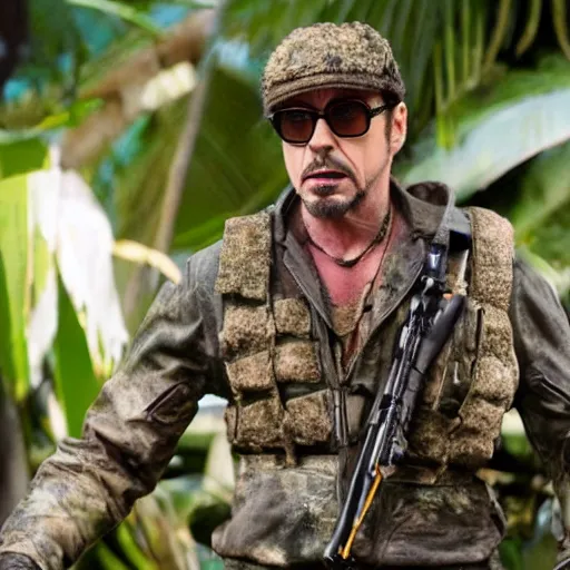 Image similar to cinematic still of robert downey jr as kirk lazarus in tropic thunder film