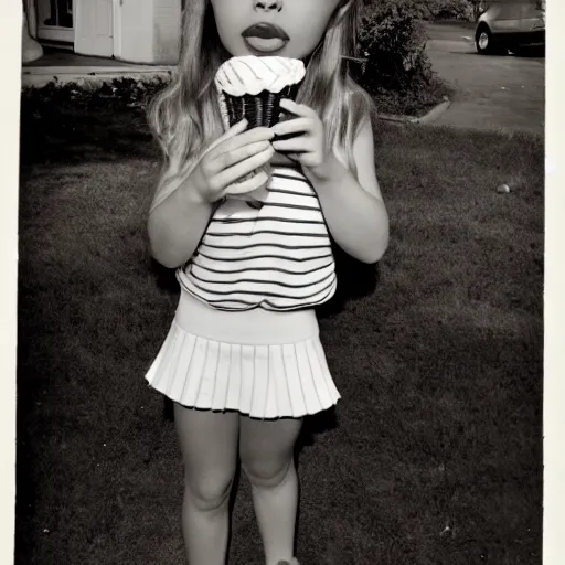 Prompt: young bemused girl wearing skirt and eating an ice cream cone.