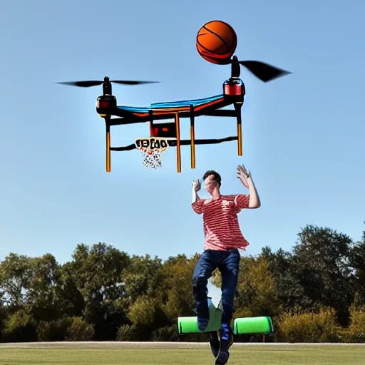 Image similar to flying drone robot with basketball hoop and backboard on the drone body