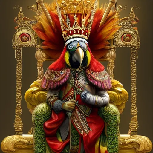 Image similar to A parrot king sitting on a throne with a crown on its head, digital art, detailed, realistic, artstation