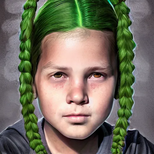 Prompt: An epic fantasy comic book style portrait painting of a young feminine boy, green eyes, fair skin, long brown hair worn in two pigtails, his left pigtail is shorter than the right pigtail, yellow hoodie with a grey undershirt, unreal 5, DAZ, hyperrealistic, octane render, cosplay, RPG portrait, dynamic lighting