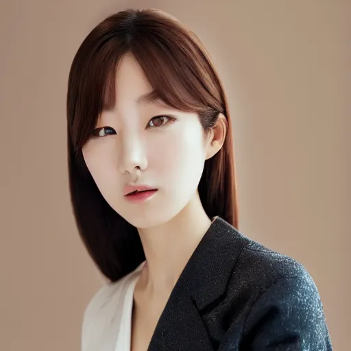 Image similar to Park shin-hye korean woman, portrait photo of a beautiful south korean woman, female model, soft smile, closed mouth showing no teeth, soft bright skin, brown hair, deep brown eyes, modern south korean makeup, soft makeup, studio lighting, solid white background, hyperrealistic, 8k, artstation, professional photo, by Leibowitz