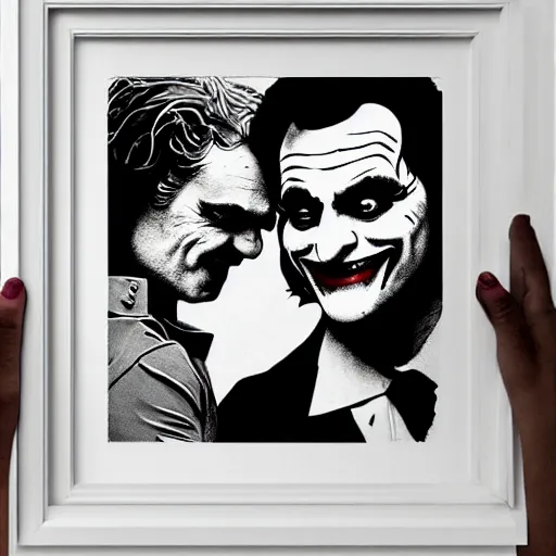 Image similar to ilya yefimovich repin and mimmo rottela and banksy as joaquin phoenix skinny joker, holding hand, lady gaga harley queen, ultra photorealistic, intricate details, pop art style, concept art, confident posse, object super details, 2 colours, warm color, 4 k, ultra smooth, sharp focus