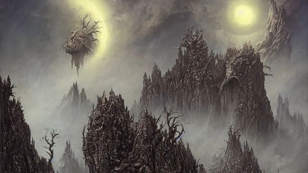 Image similar to eerie atmospheric otherworldly planet by gerald brom and glenn barr, epic cinematic matte painting