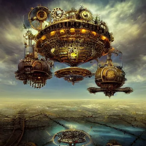 Image similar to flying city in a mechanical flower, sky, fantasy art, steampunk, masterpiece