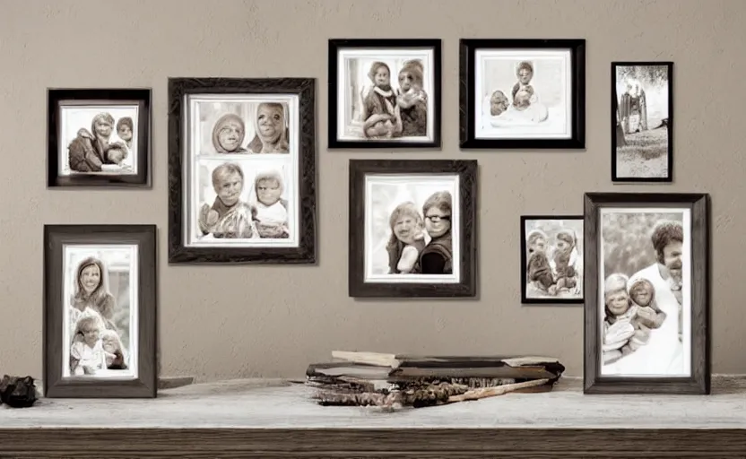 Image similar to storybook illustration of family photo portraits in picture frames on a wall, watercolor, sepia tints