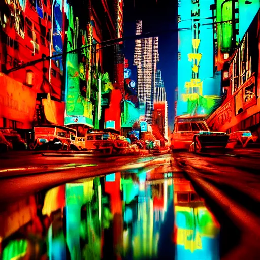 Prompt: realism retro-futuristic new-york robots city grafitti neon rain reflection,8k