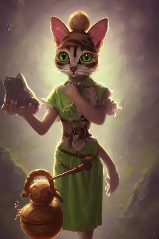 Image similar to cute little anthropomorphic Cat with big green eyes in summer dress, tiny, small, short, outfit, cute and adorable, pretty, beautiful, DnD character art portrait, matte fantasy painting, DeviantArt Artstation, by Jason Felix by Steve Argyle by Tyler Jacobson by Peter Mohrbacher, cinematic lighting