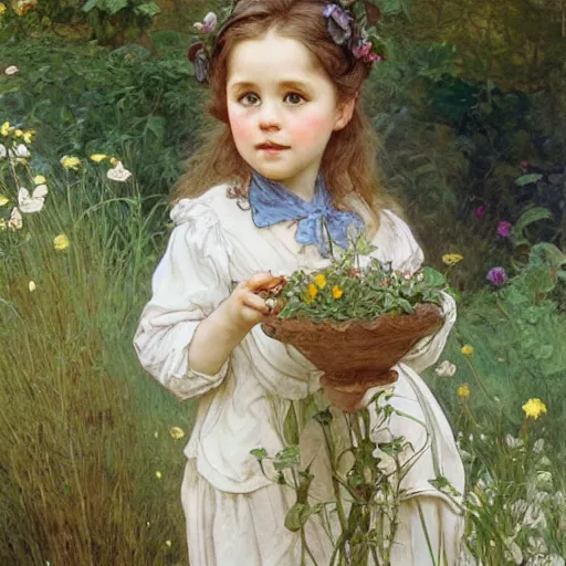 Prompt: a cute little girl with curly light brown hair and blue eyes in a garden, beautiful highly detailed face, stunning painting by beatrix potter and greg rutkowski and alphonse mucha