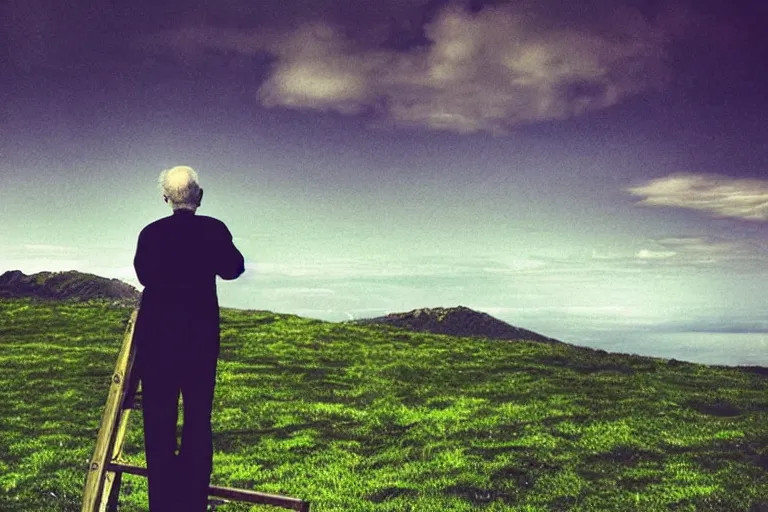 Prompt: “Close-up of a 100 year old man standing on top of the ladders looking at the sky. Large green field, mountains and sea in the background. Dark, surreal, cinematic lighting. In the style of Robert ParkeHarrison”