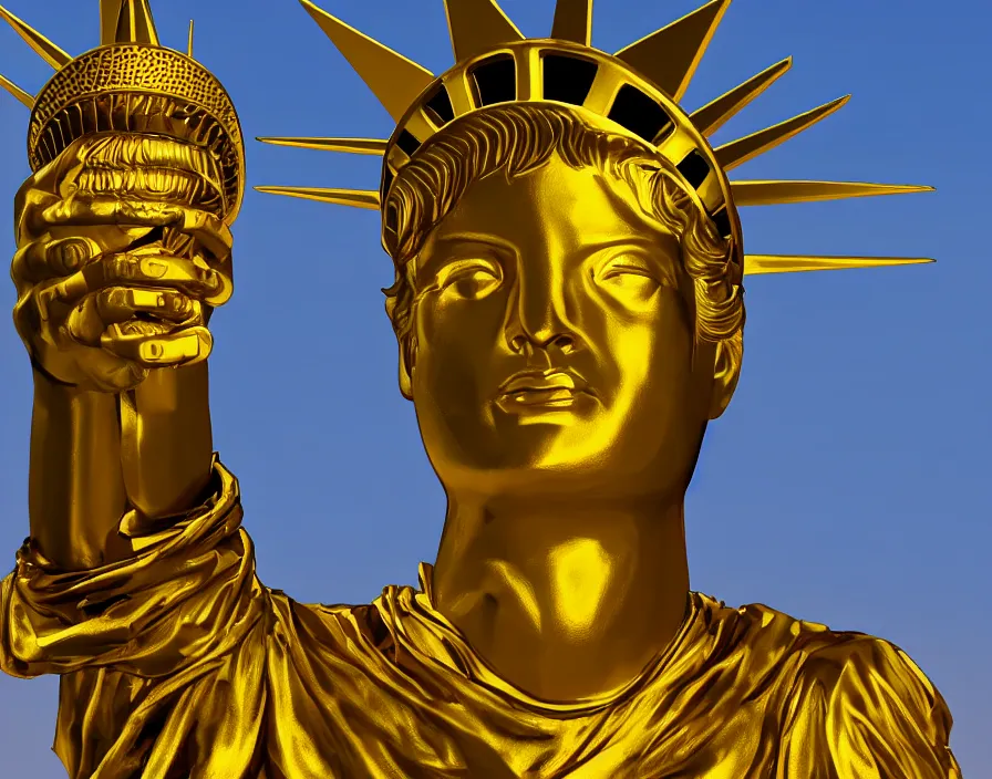 Prompt: statue of liberty but it's made from gold and sing a rap with diamond microphone, beautiful graphics, fantasy artwork, very beautiful scenery, hd, hdr, ue 5, ue 6, unreal engine 5, cinematic 4 k wallpaper, 8 k, ultra detailed