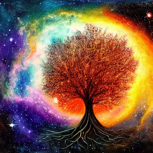 Prompt: tree of life, Galaxy Sky, A beautiful painting,4k, high detail, fantasy, high quality, high details,