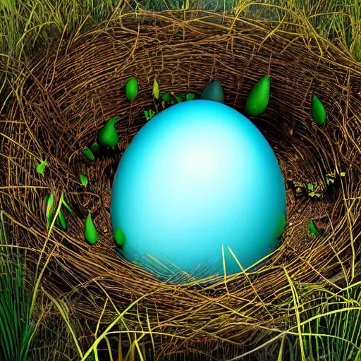 Prompt: dinosaur egg in a nest made of opalescent crystal veil, magical, surronded by tall grass and dirt, high definition render, photo realistic, octane render, caustics, god rays