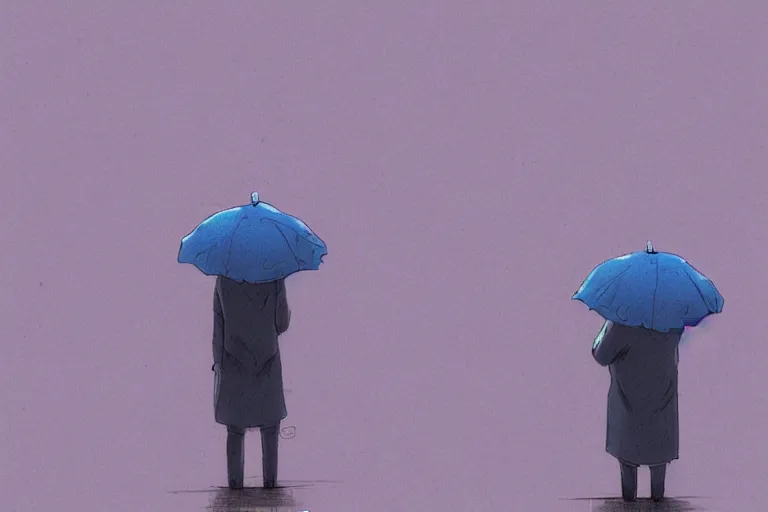 Image similar to A cell animation of a depressed man standing in the rain, Miyazaki Hayao, ghibli style, chin chan, illustration, azure tones, vintage colors, anime, trending on artstation