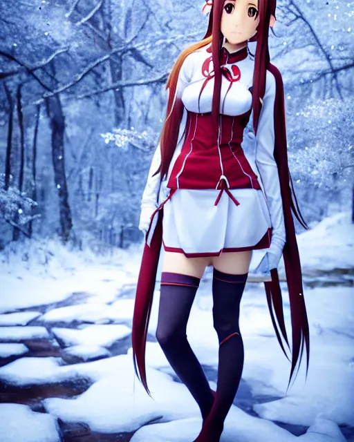 Prompt: photo of asuna from sao in winter location, asuna by a - 1 pictures, by greg rutkowski, gil elvgren, enoch bolles, glossy skin, pearlescent, anime, maxim magazine, very coherent, 3 d render, vray, maya