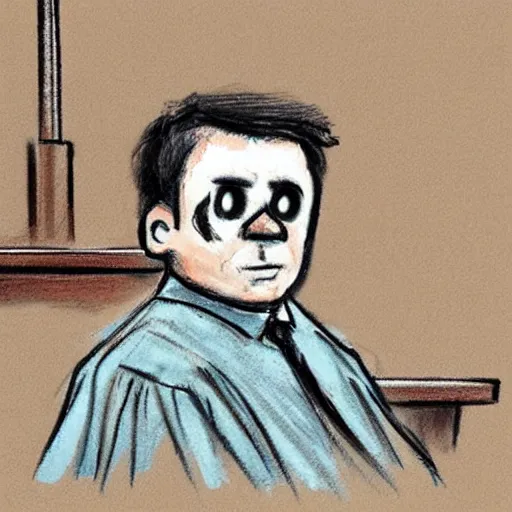 Prompt: courtroom sketch of the hamburgler sitting in the witness stand looking fearful