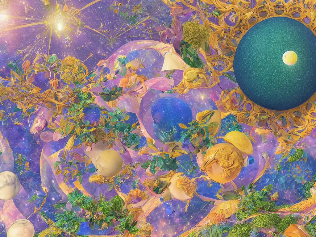 Image similar to 3 d render, sunlight study, the universe is a spheroid region 7 0 5 meters in diameter, art nouveau, by maria sibylla merian and ( ( ( ( ( lisa frank ) ) ) ) ), 8 k, sharp focus, octane render