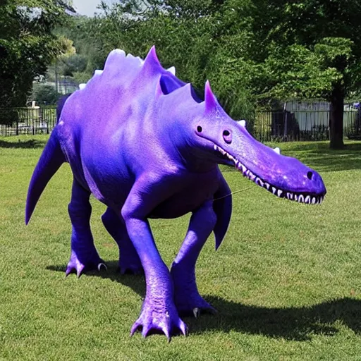 Image similar to a purple and blue dinosaur mooing realistic