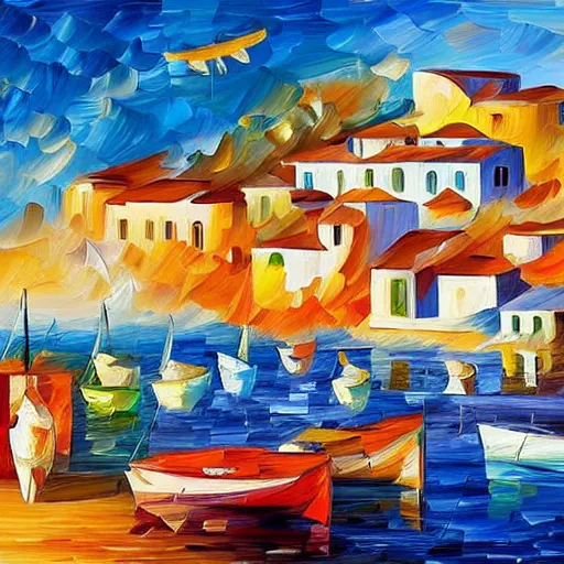 Image similar to beautiful seaside greek village in the style of leonid afremov