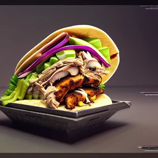 Image similar to ultradetailed still - life shawarma insanely detailed, octane render, cgsociety cyberpunk, neon, vaporwave sci - fi, futuristic, amazing space creature 4 k, 8 k, hyper realism scary, alluring, coveted alive