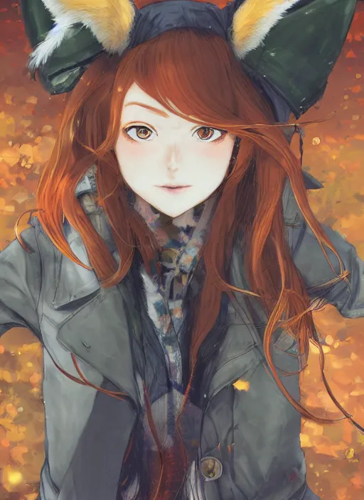 Prompt: girl with fox ears, tired eyes, long wavy orange hair, light brown trenchcoat, forest background, focus on face, pretty, moody lighting, painterly, illustration by shigenori soejima, by tatsuki fujimoto, by yoji shinakawa