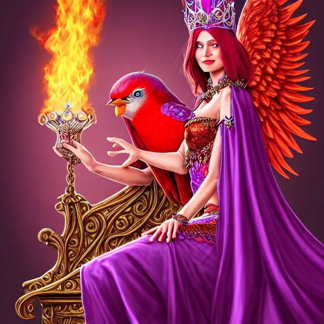 Image similar to Princess sorceress with red flaming bird wings on her back and sitting on an ornate throne dressed in a fancy long purple dress, beautiful realistic symmetrical defined face, grinning, Fantasy, Full Portrait, High detail, realistic, planeswalker