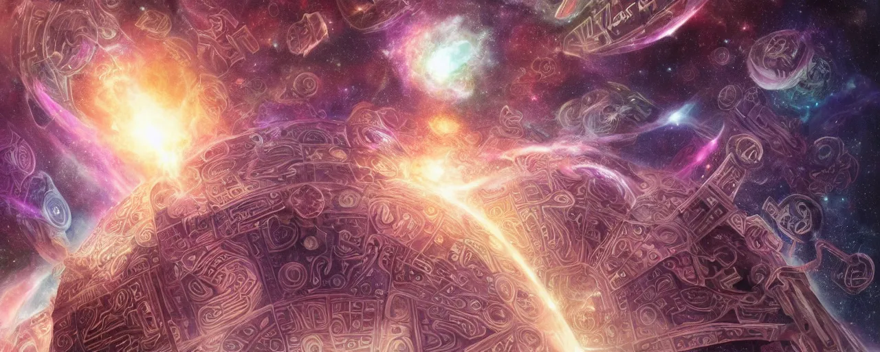 Image similar to void manifold, timeline nexus, ascending universes, shining nordic runes, galaxy worth of computation, an illustration of philosophical concept by cgsociety and james gurney