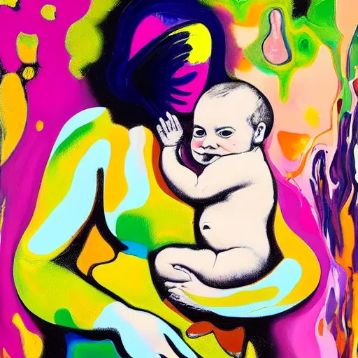 Image similar to woman holding a baby, an ultrafine detailed painting by peter max and francis bacon and fiona rae and hernan bas and anna mond, featured on deviantart, metaphysical painting, biomorphic, mixed media, photorealistic, dripping paint, palette knife texture, masterpiece