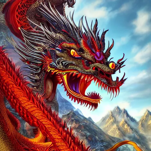 Prompt: a chinese dragon, majestic, mountains background, ultrafine hyperrealistic detailed illustration by kim jung gi, irakli nadar, intricate linework, sharp focus, bright colors, matte, gujian, final fantasy, unreal engine highly rendered, global illumination, radiant light, intricate environment