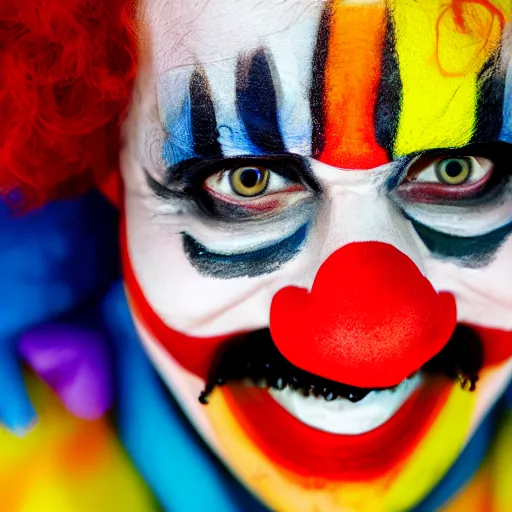 Prompt: An extreme close up photograph of a clown's painted face