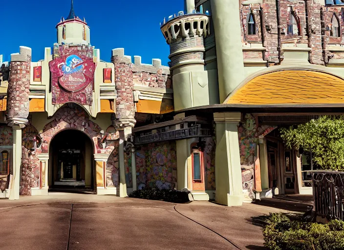 Image similar to cinematic shot of the outside of the Disney world park, shut down, abandoned, Florida, out of business, castle is falling apart, got shut down, kids place, liminal spaces, backrooms, empty, overgrown, Disney world, Disney land, theme park, roller coasters, Disney