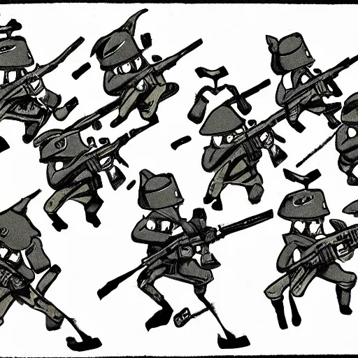 Prompt: An illustration of platoon of cute little anthropomorphic WAR KITTENS holding rifles and wearing helmets.