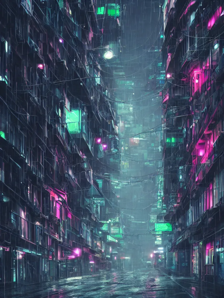 Image similar to neonpunk street, hanging cables, narrow, garbadge on the ground. rain. fog, haze, evening. led screens. very messy. futuristic. photorealistic