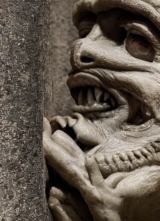 Image similar to closeup portrait of a medieval goblin gargoyle eating cakes in the cloisters, depth of field, zeiss lens, detailed, symmetrical, centered, fashion photoshoot, by Annie Leibovitz and Steve McCurry, David Lazar, Jimmy Nelsson, Breathtaking, 8k resolution, extremely detailed, beautiful, establishing shot, artistic, hyperrealistic, beautiful face, octane render